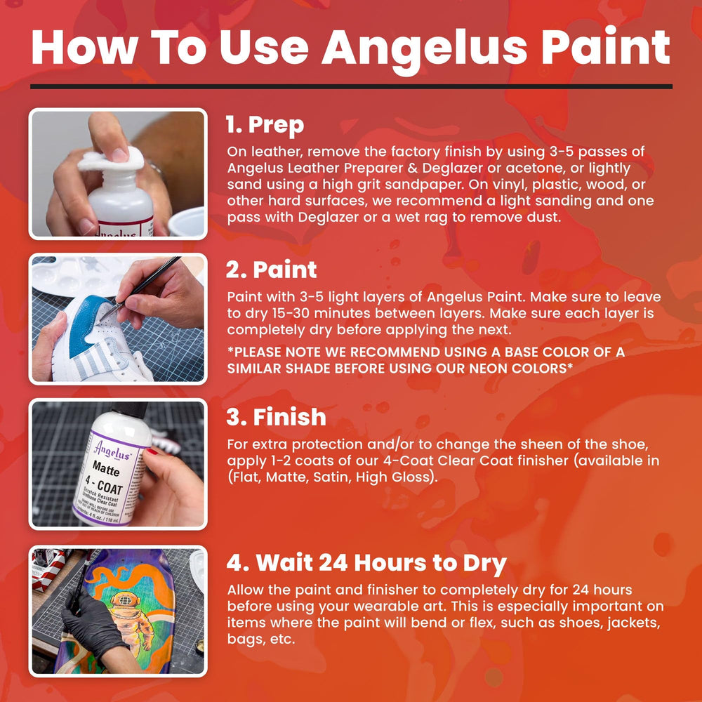 Angelus kit packaging and color variety highlight the range included.