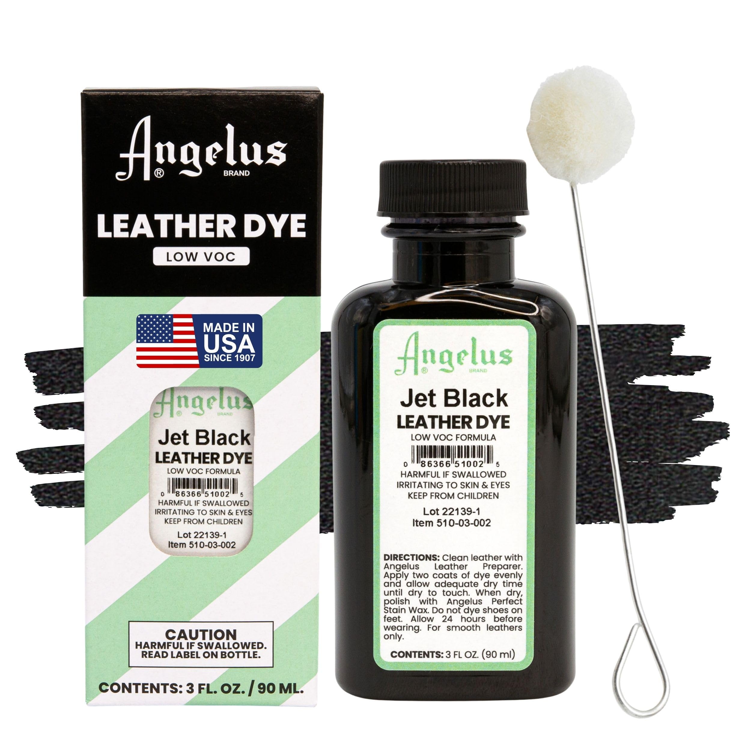 Angelus Leather Dye jet black bottle ready for deep, lasting color on leather