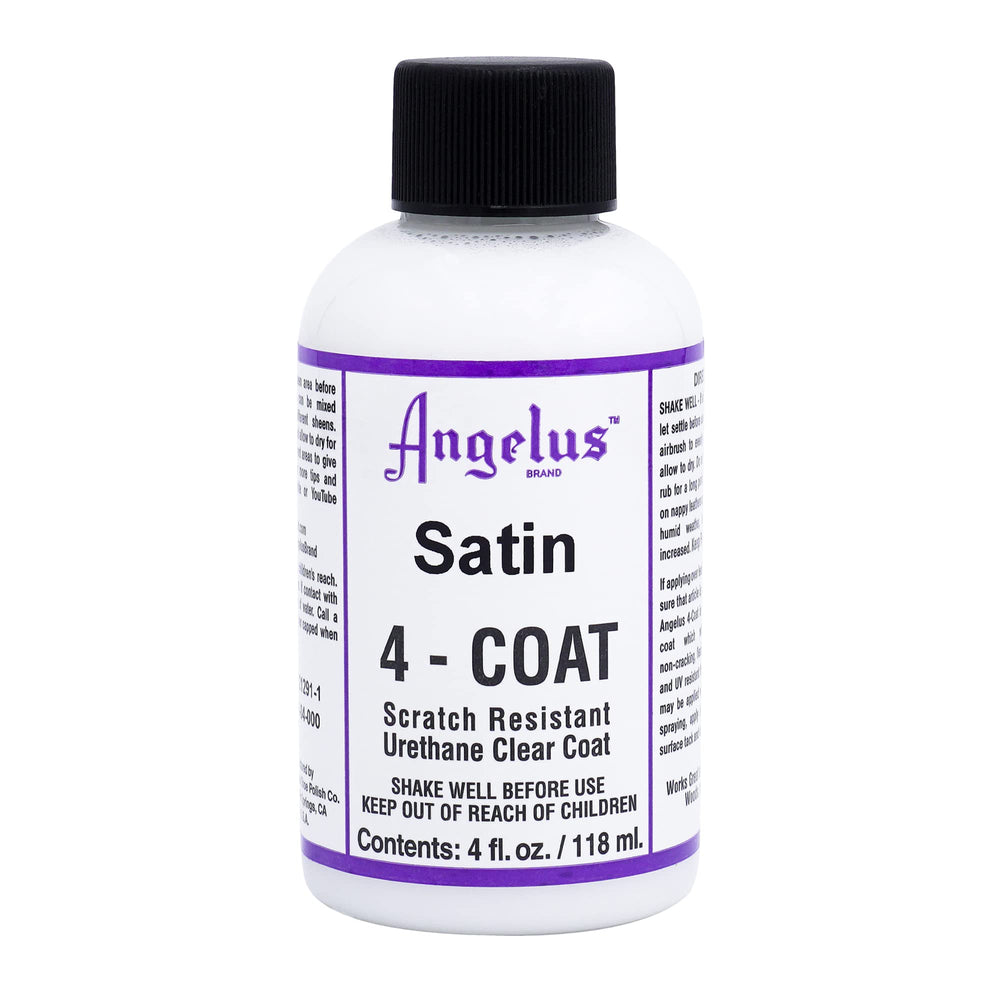 Angelus Satin 4-Coat bottle front showing protective satin finish for leather