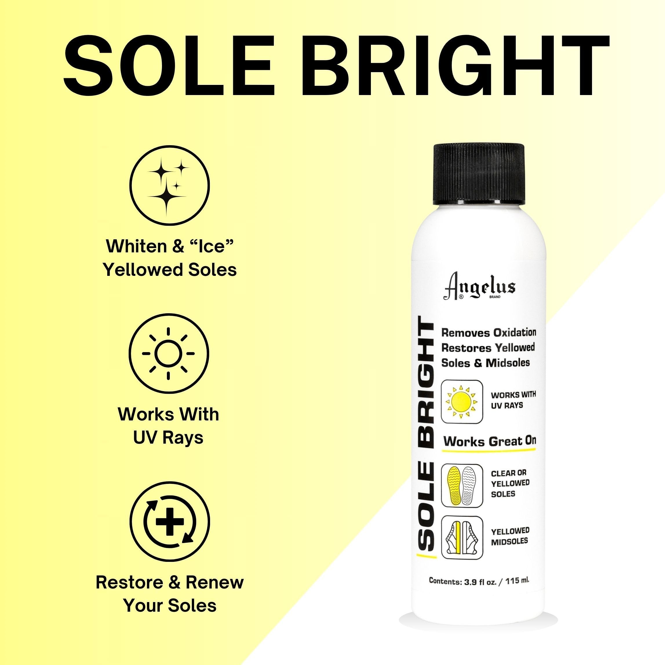 Angelus Sole Bright on sneakers shows before-after whitening of the soles.