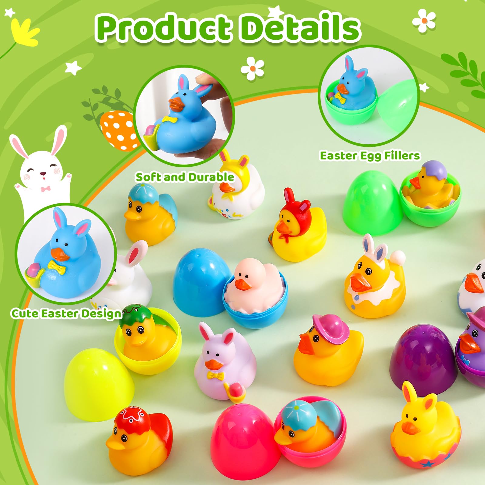 ANGGIKO Easter ducks with varied designs, including rabbits and eggs for playtime.