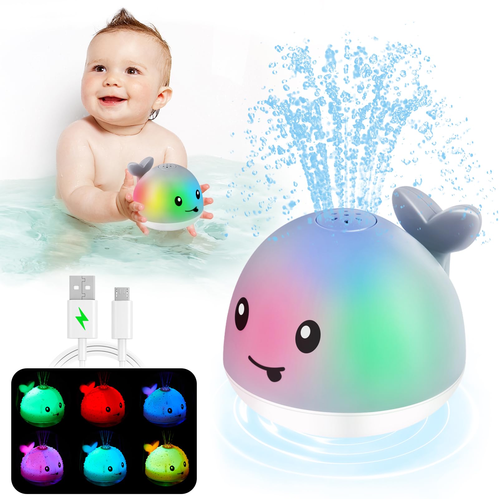 ANGGIKO whale bath toy with light-up spray for engaging bathtime fun.