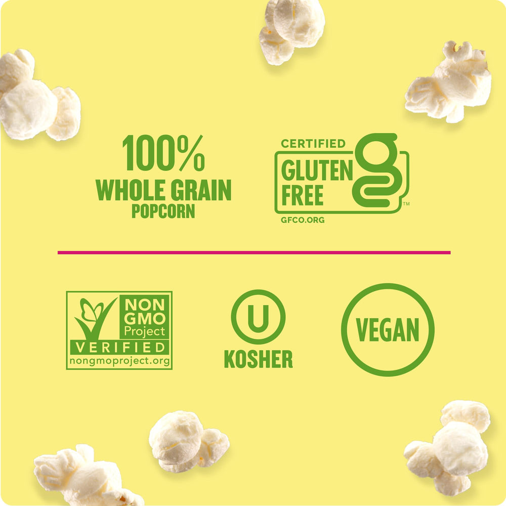 Angie's gluten-free popcorn with Non-GMO Project Verified badge visible.
