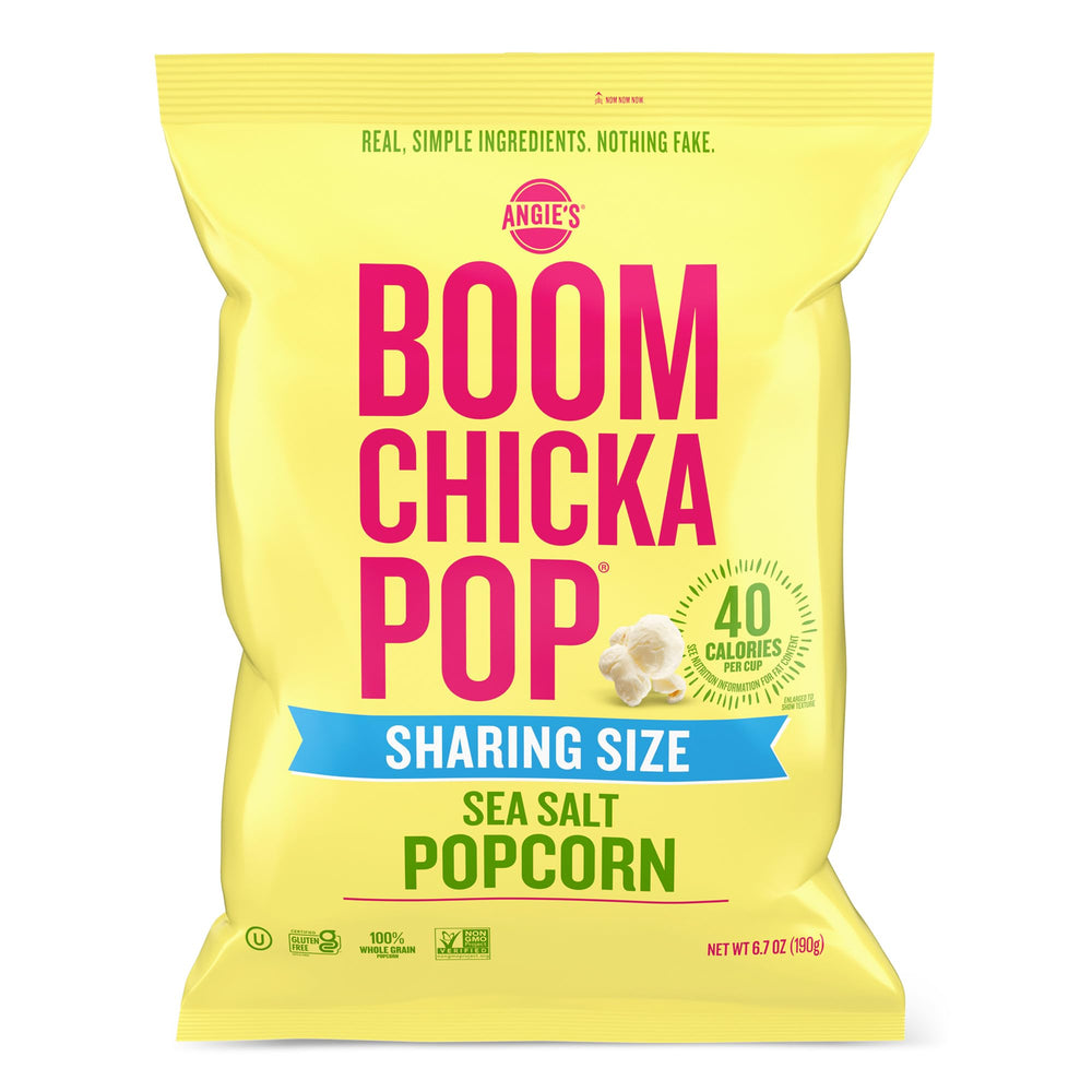 Angie's BOOMCHICKAPOP Sea Salt Popcorn bag ready for sharing at gatherings.