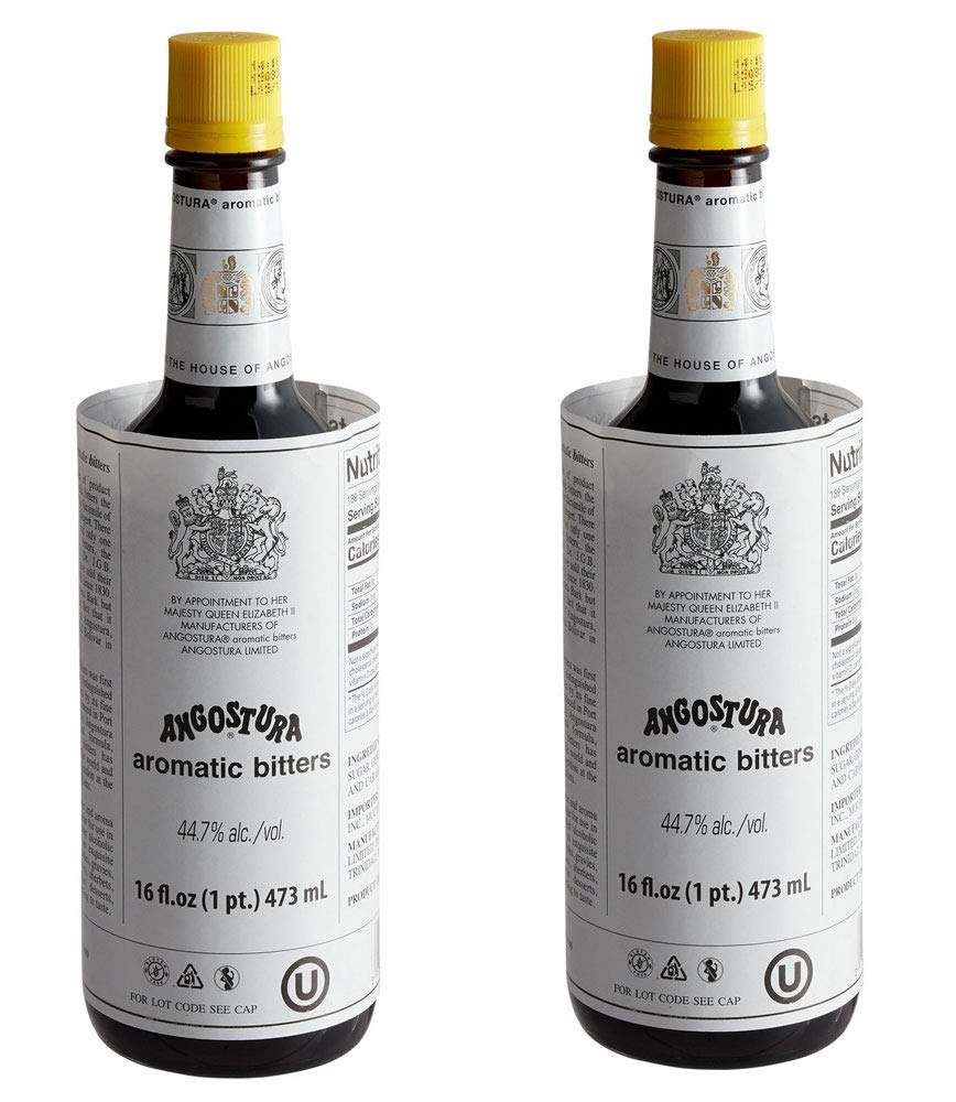 Angostura Aromatic Bitters bottle angled on bar, hinting at flavor depth.