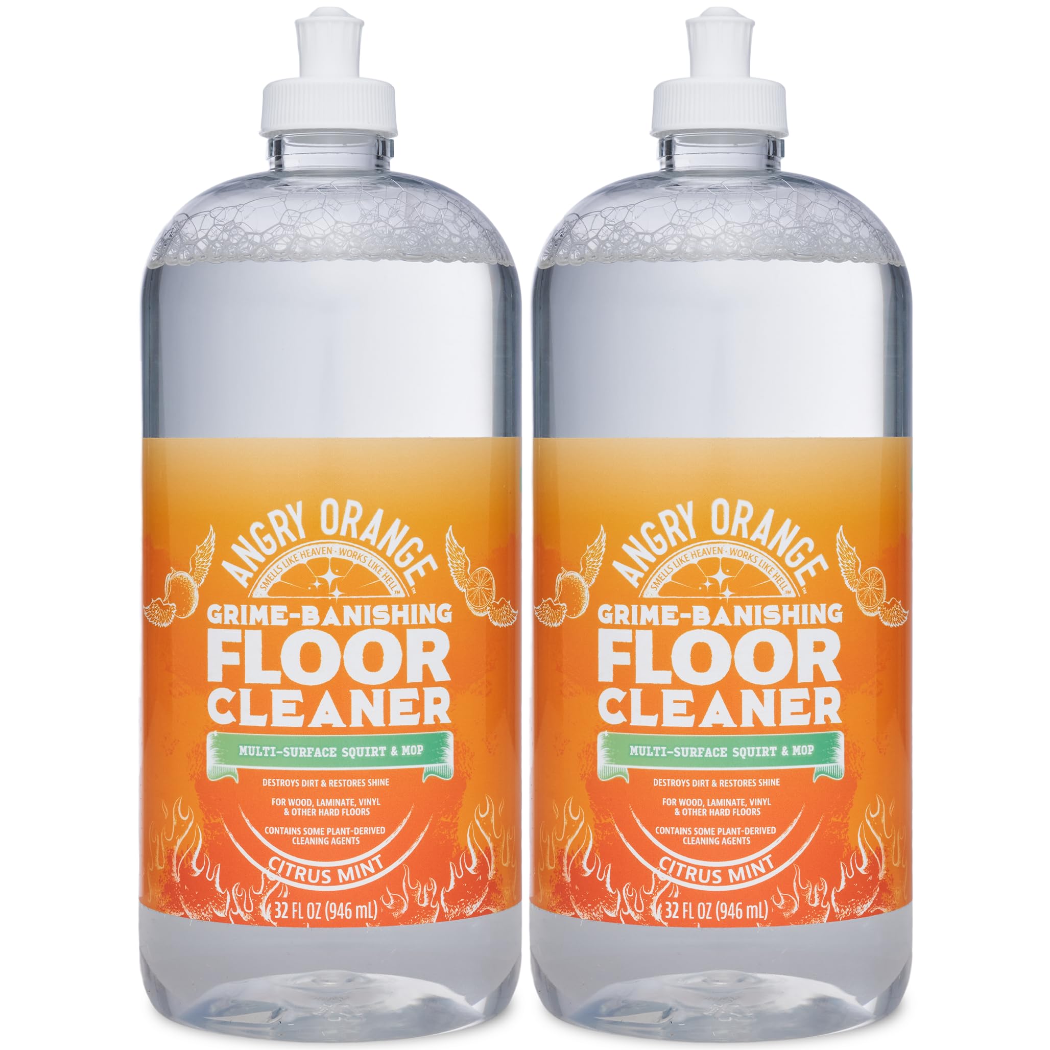 ANGRY ORANGE citrus-mint floor cleaner 32oz bottle for fast, streak-free cleaning on sealed floors.