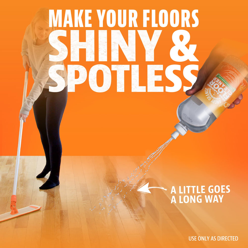 ANGRY ORANGE hardwood cleaning action with citrus-mint aroma for sealed surfaces.