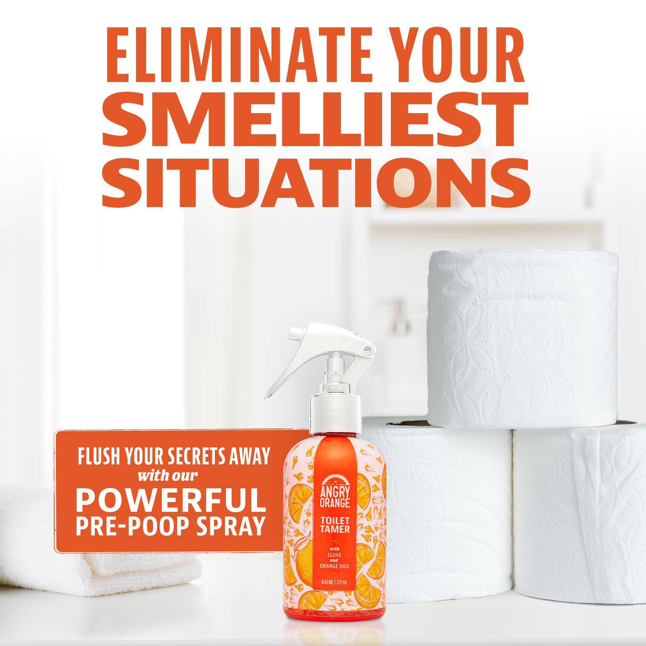 ANGRY ORANGE Toilet Tamer amber bottle closeup highlighting citrus clove notes
