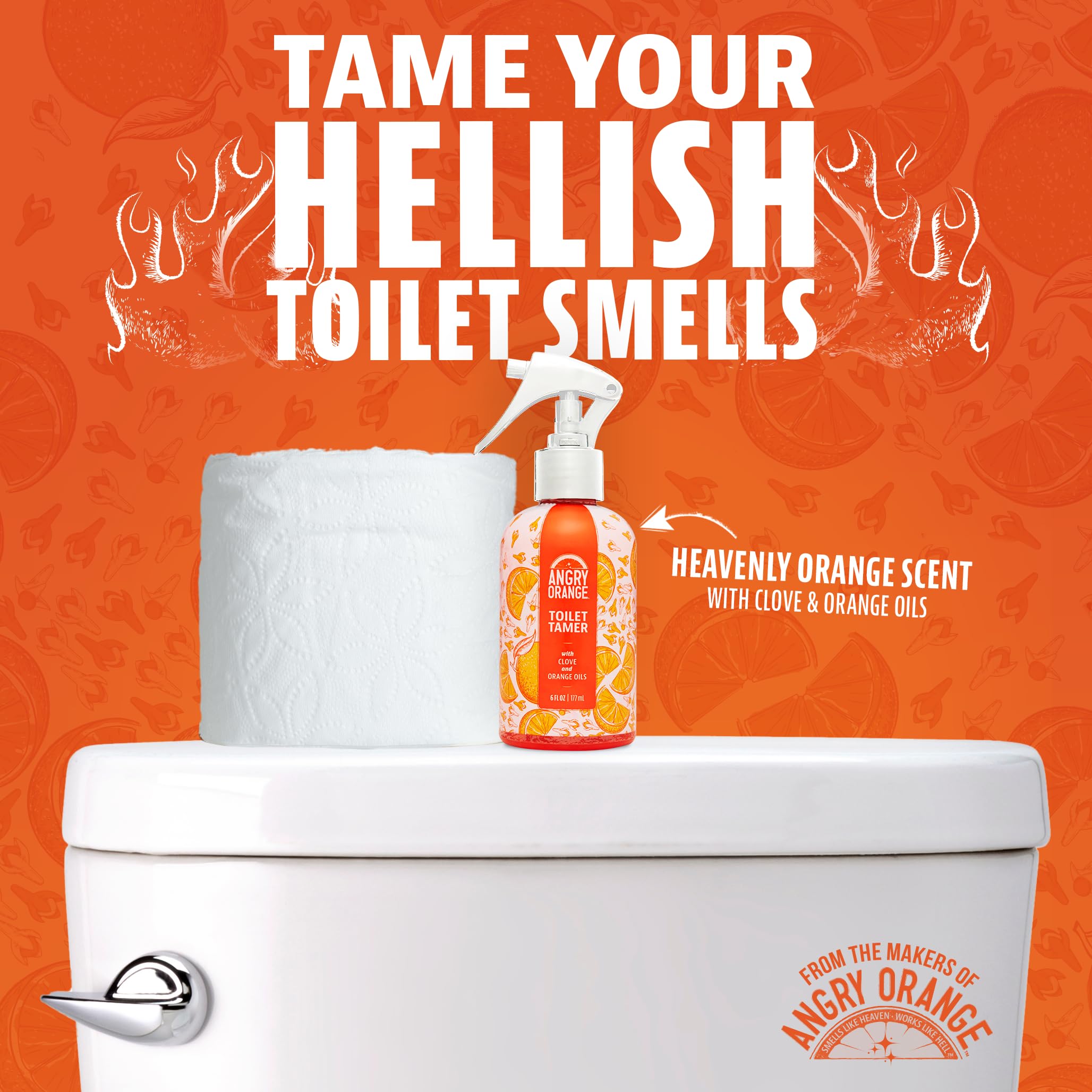 ANGRY ORANGE Toilet Tamer spray action demonstrating quick odor masking