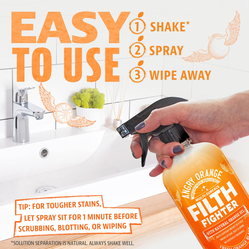 ANGRY ORANGE wide spray covers large areas efficiently during cleanup