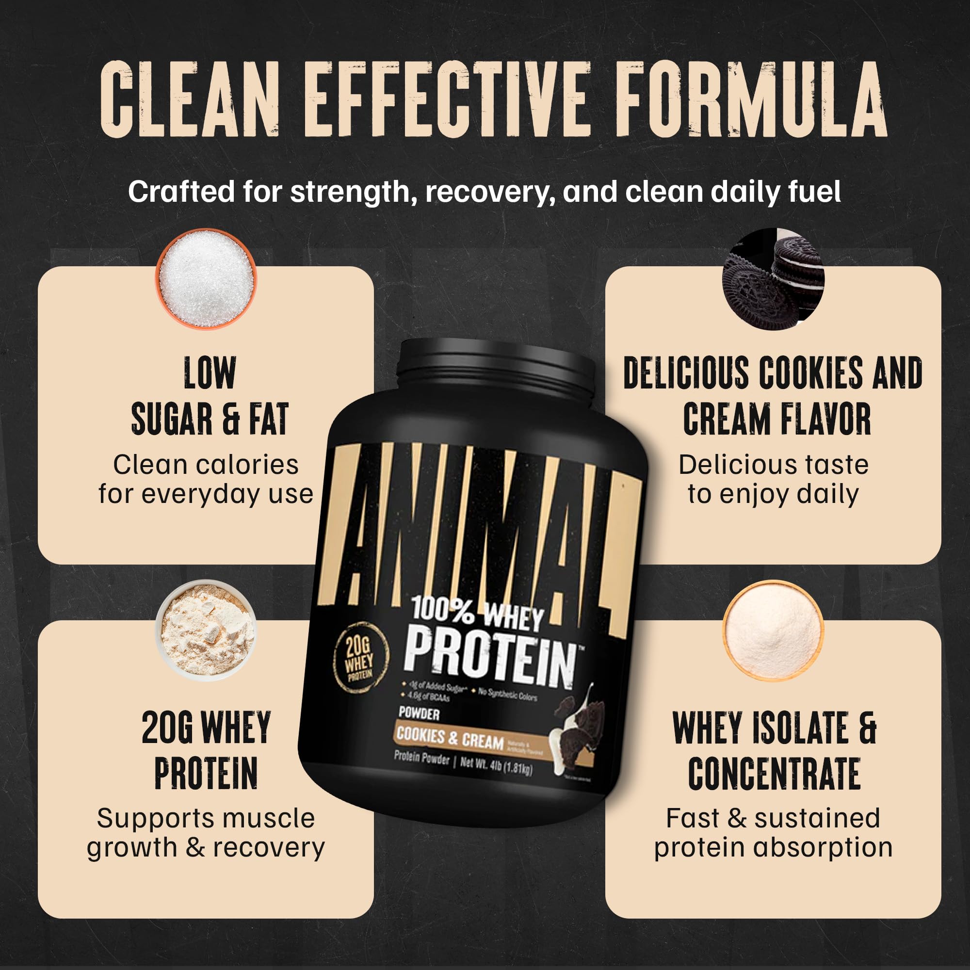 Close-up of the Animal 100% Whey label showing protein details.