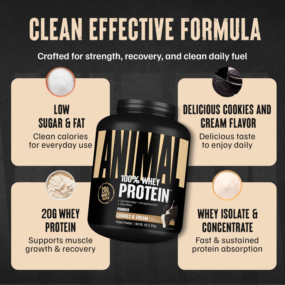 Close-up of the Animal 100% Whey label showing protein details.