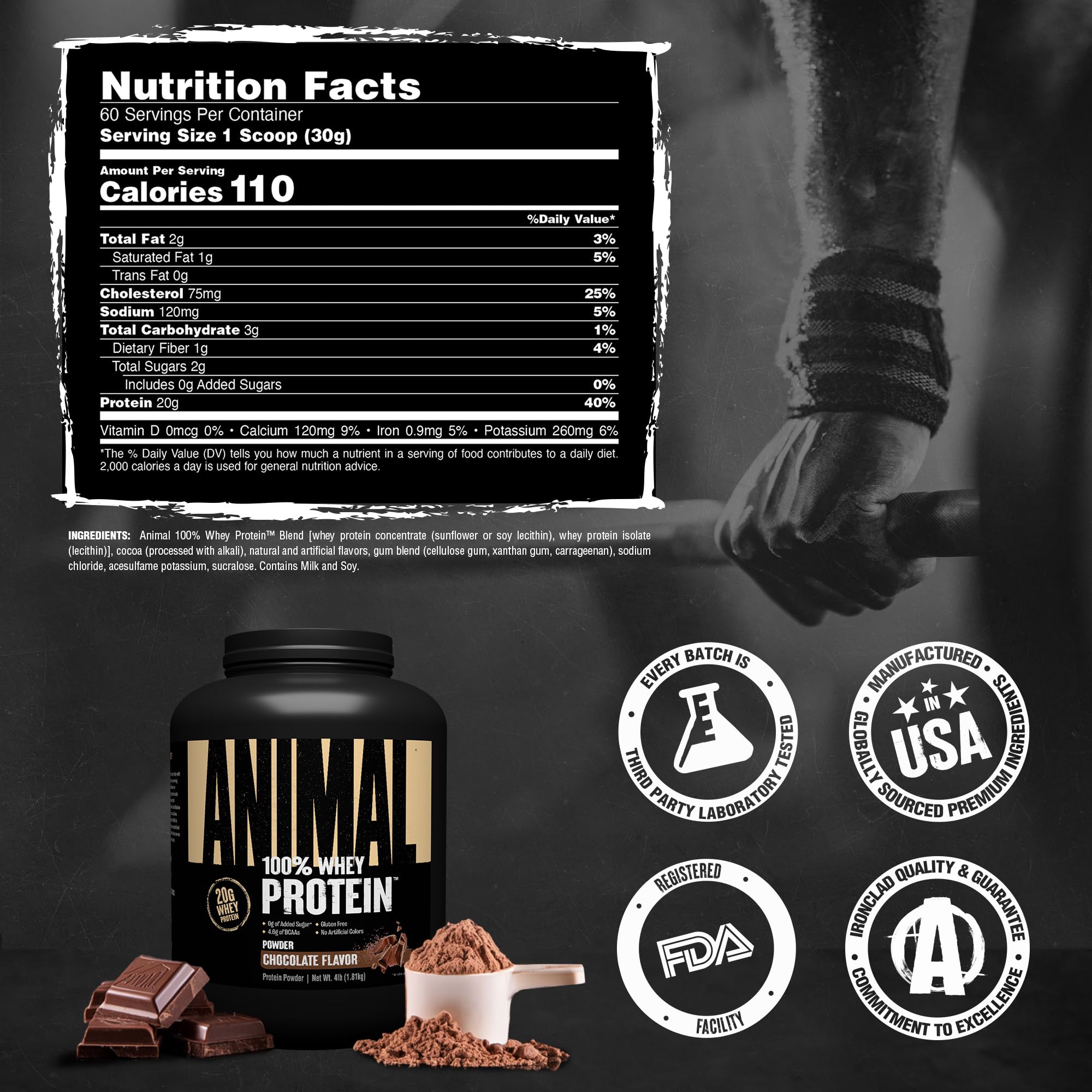 Animal 100% Whey serving scoop indicates precise protein measurement.