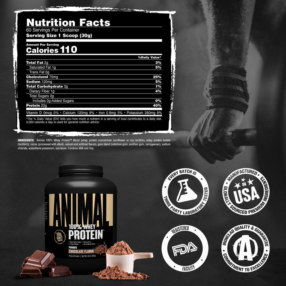Animal 100% Whey serving scoop indicates precise protein measurement.