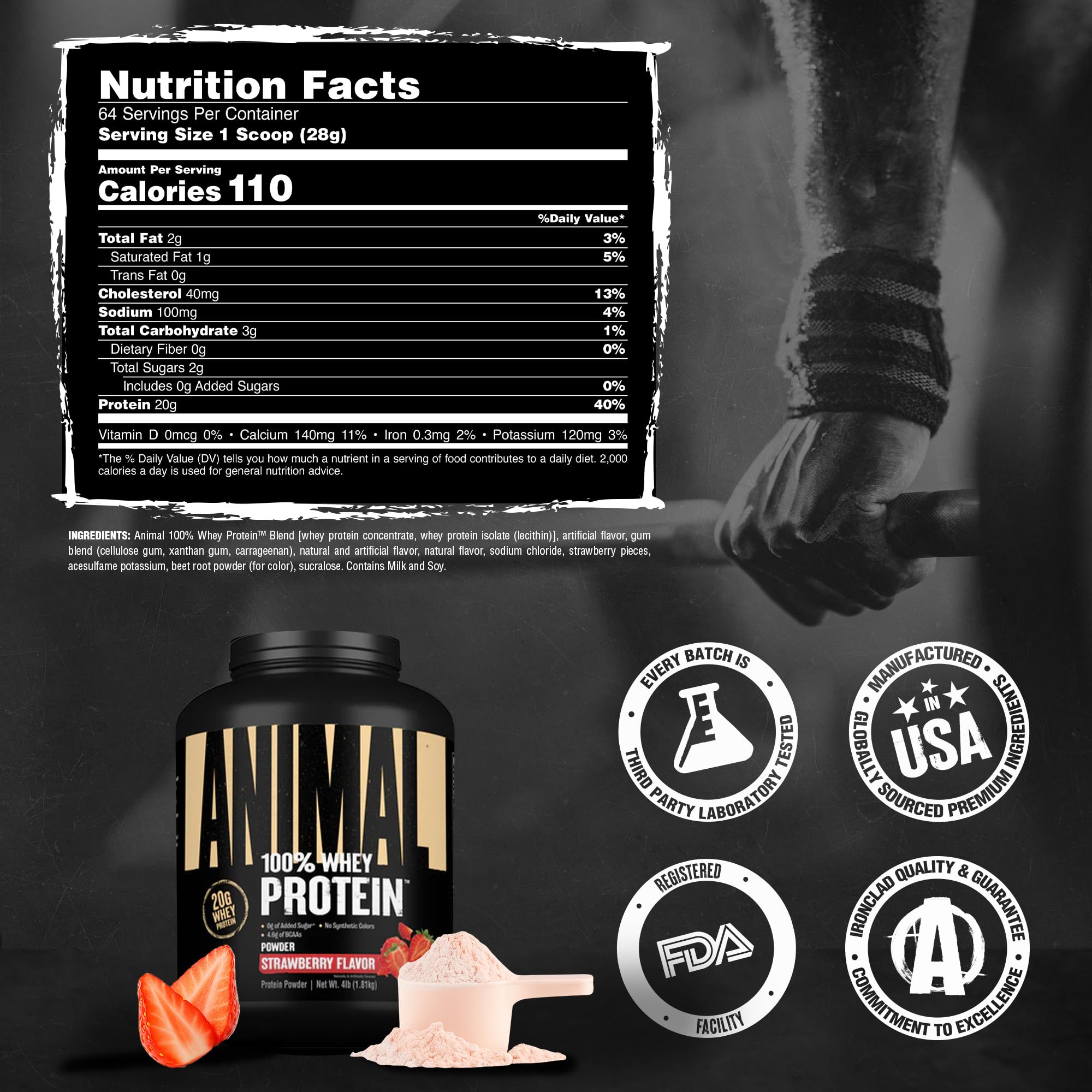 Animal 100% Whey Strawberry label closeup shows GMP quality