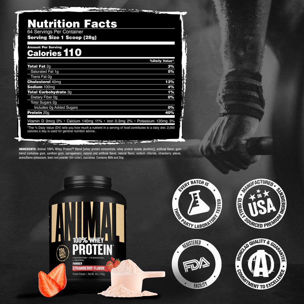 Animal 100% Whey Strawberry label closeup shows GMP quality