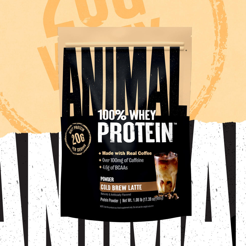 Serving scoop beside cup highlights 20g protein per serving.