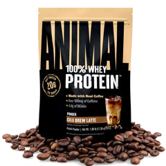 Animal 100% Whey Powder iced coffee pour for quick workout boost.