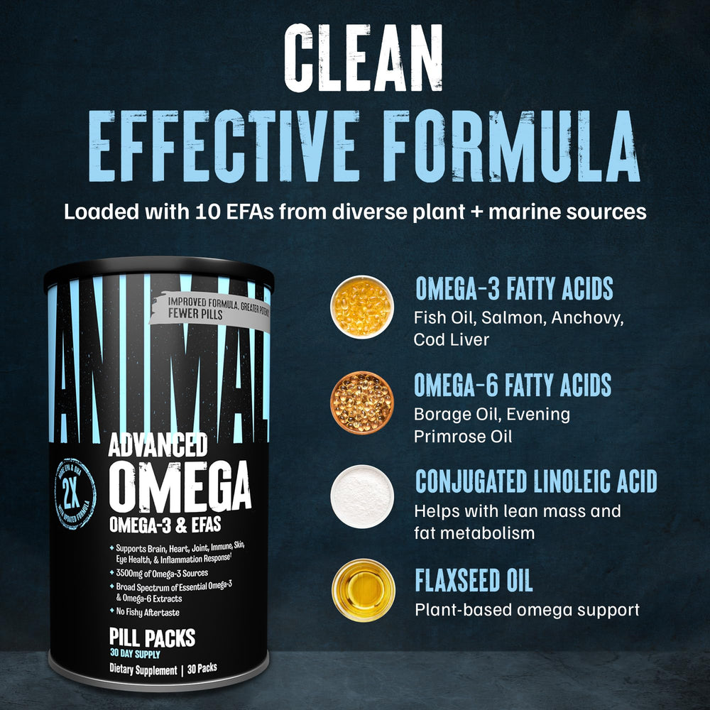 Animal Advanced Omega sources include flaxseed and fish oils for a broad EFA profile