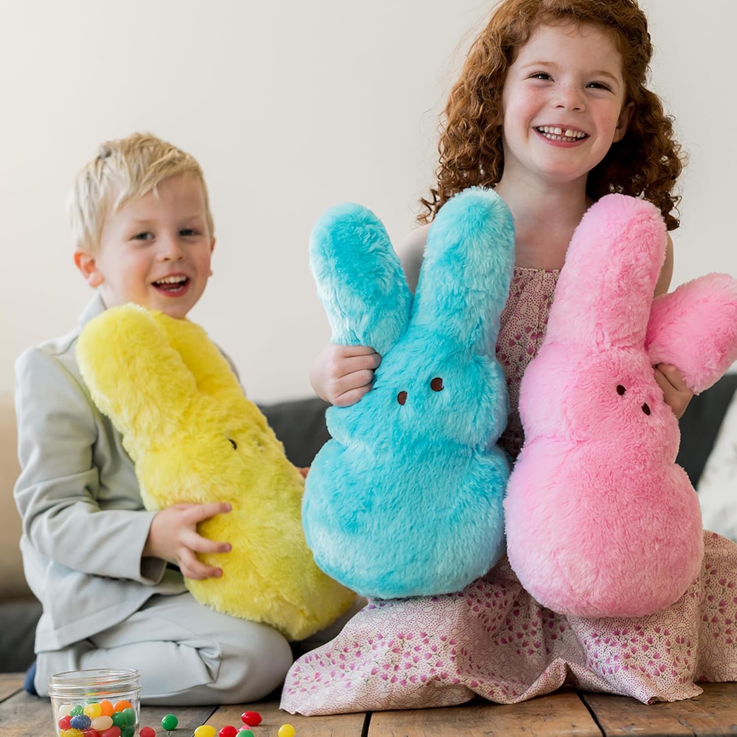 Animal Adventure Rainbow Shaggy Bunny Peeps Plush, playtime scene, a friendly friend during activities