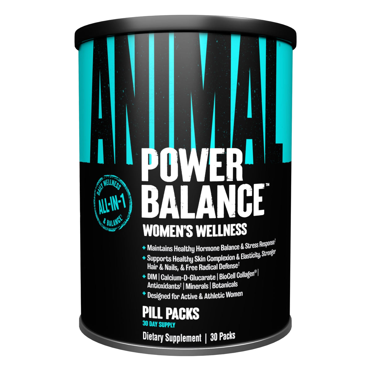 Animal Alpha F bottle front shows hormone balance support for active women.