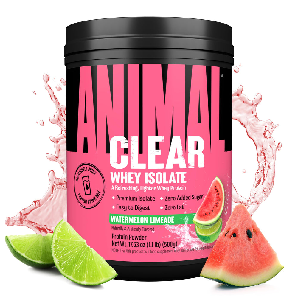 Animal Clear Whey packaging front highlighting a refreshing protein option