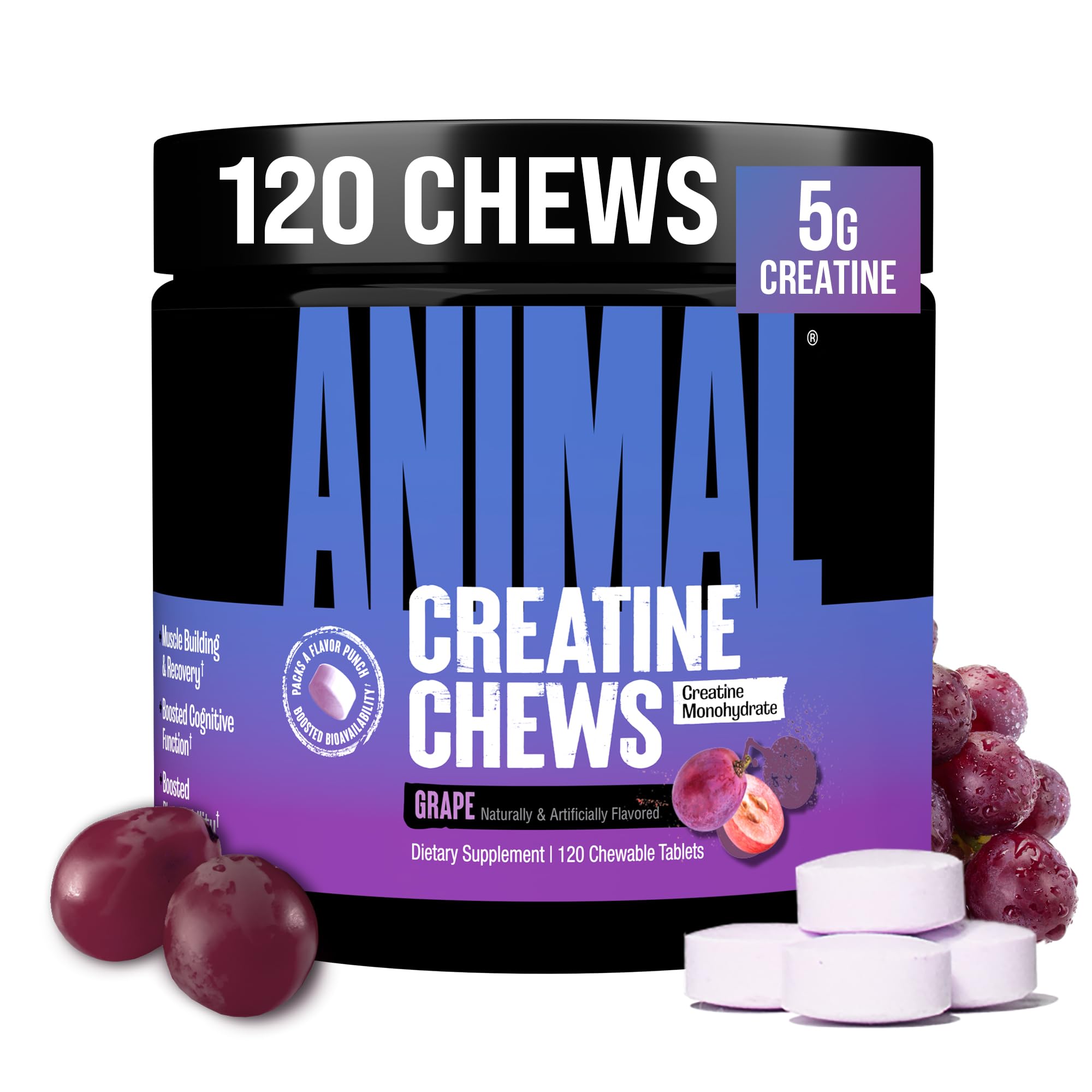 Animal Creatine Chews close-up tablet showing 5g strength support.