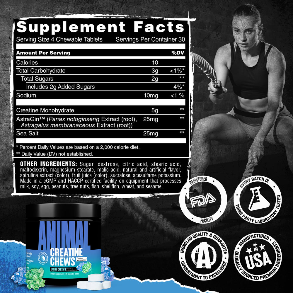 Animal Creatine Chews athlete-ready bottle demonstrates performance potential.