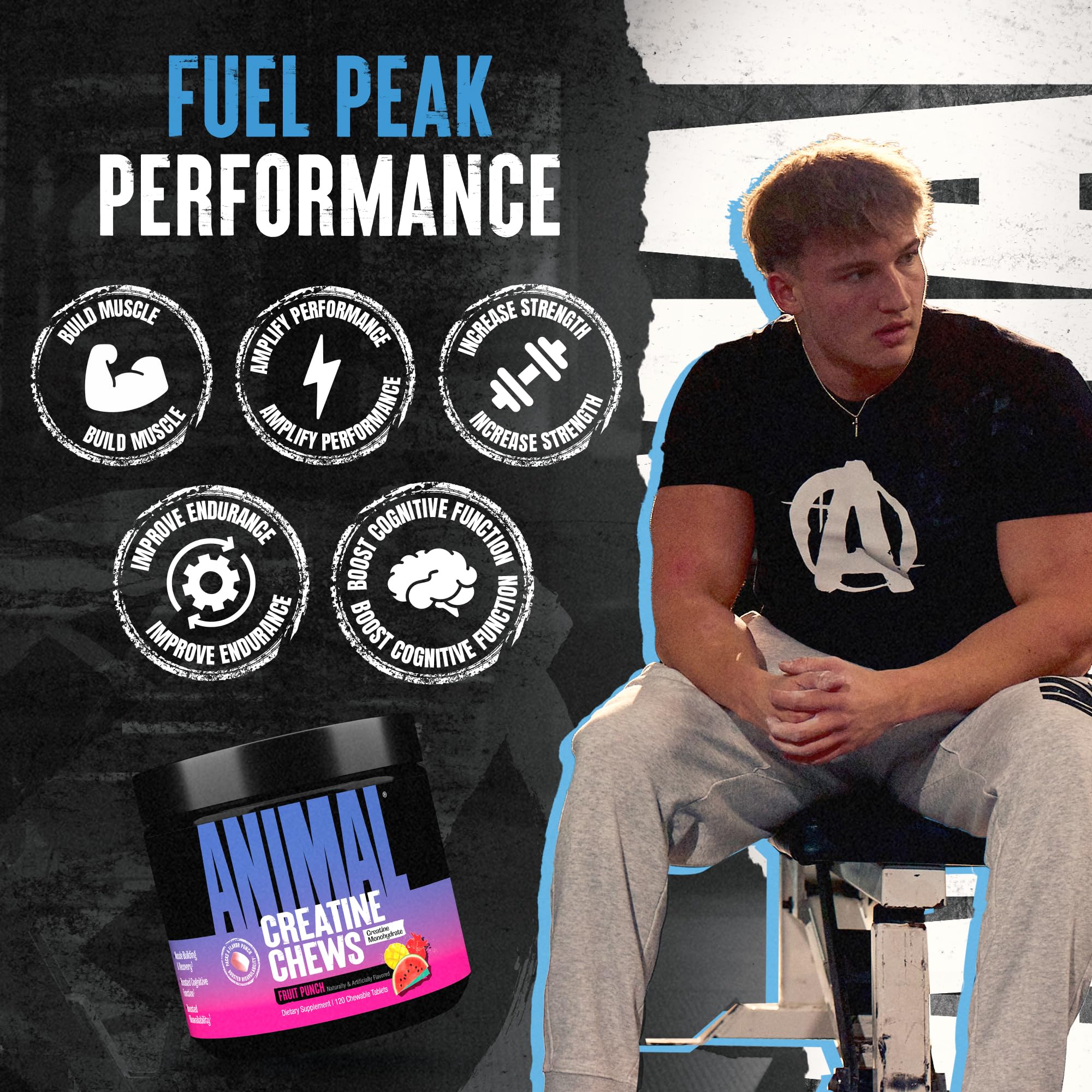 Animal Creatine Chews fruit-punch in gym bag ready for training.