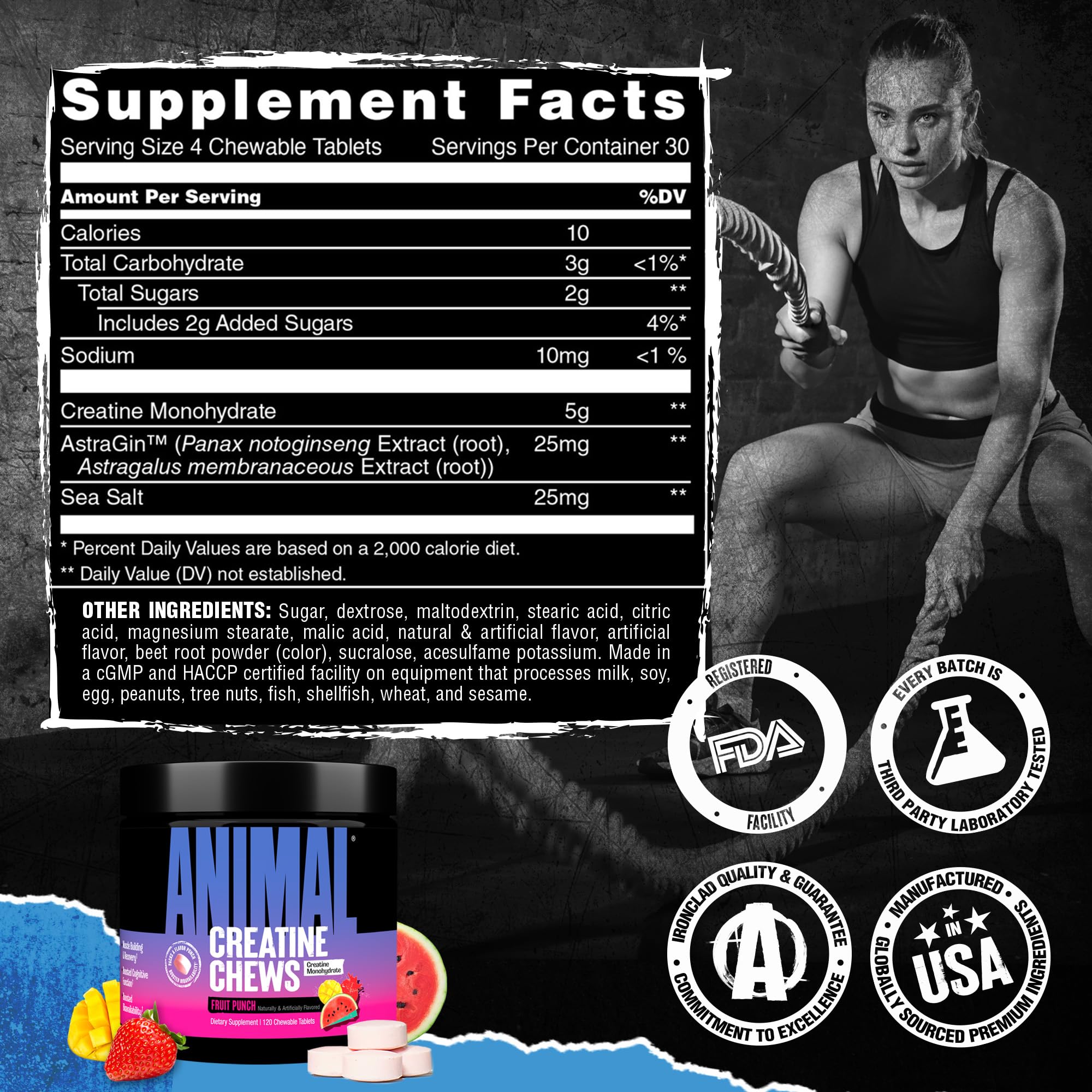 Animal Creatine Chews fruit-punch label shows third-party tested quality.
