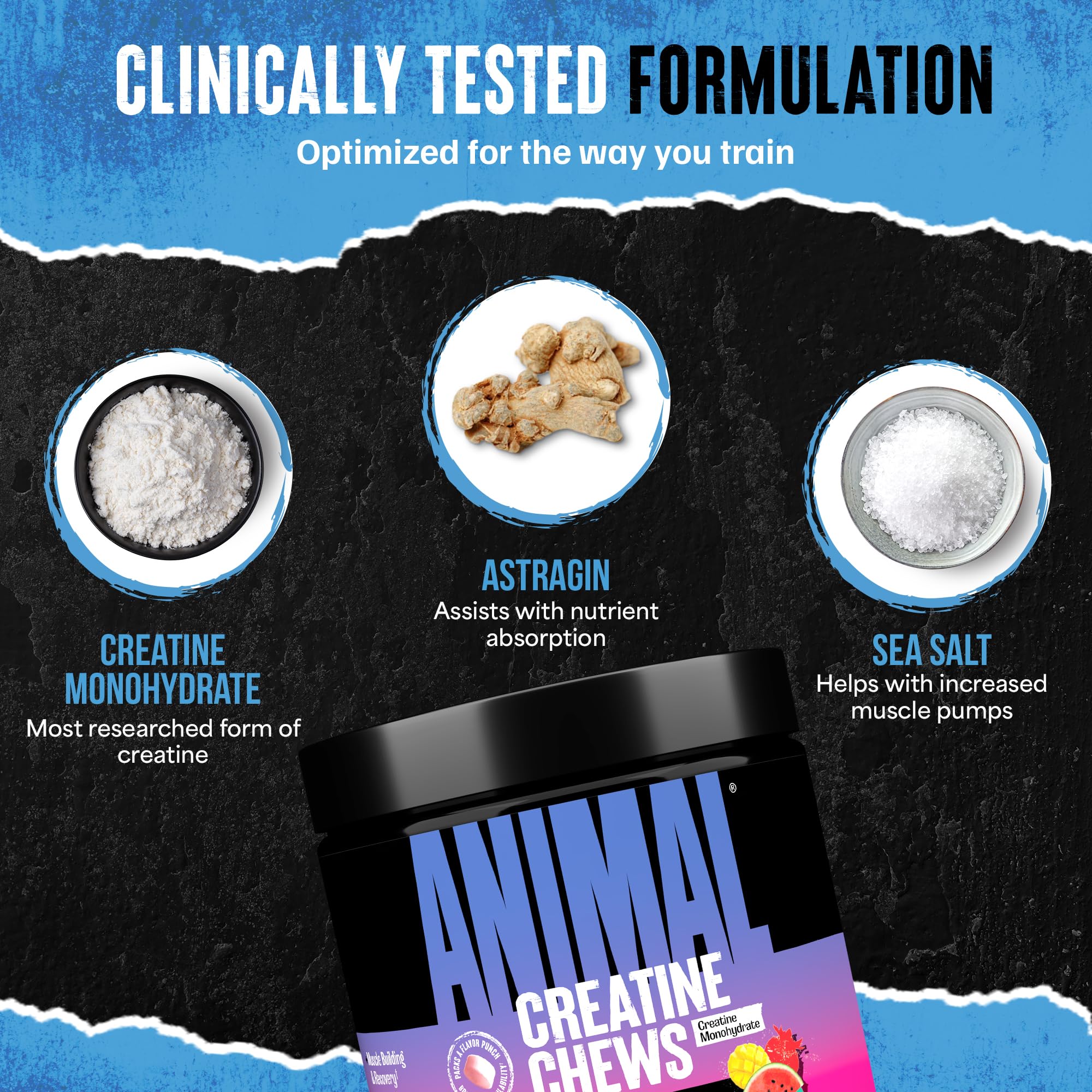 Animal Creatine Chews fruit-punch travel bottle for athletes on the go.