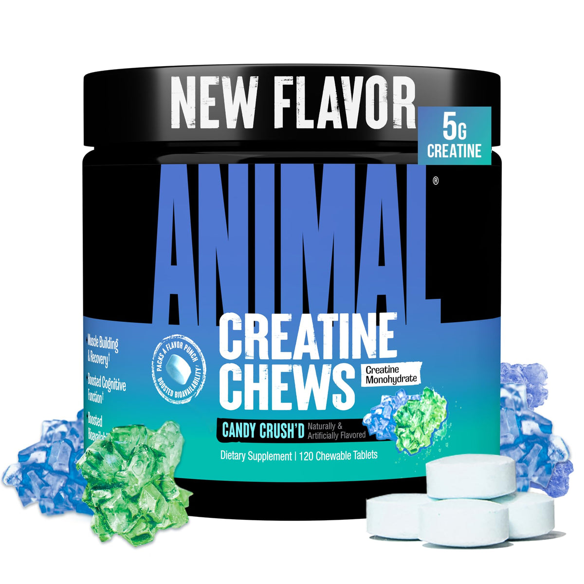 Animal Creatine Chews lemon tub, convenient pre and post-workout fuel.