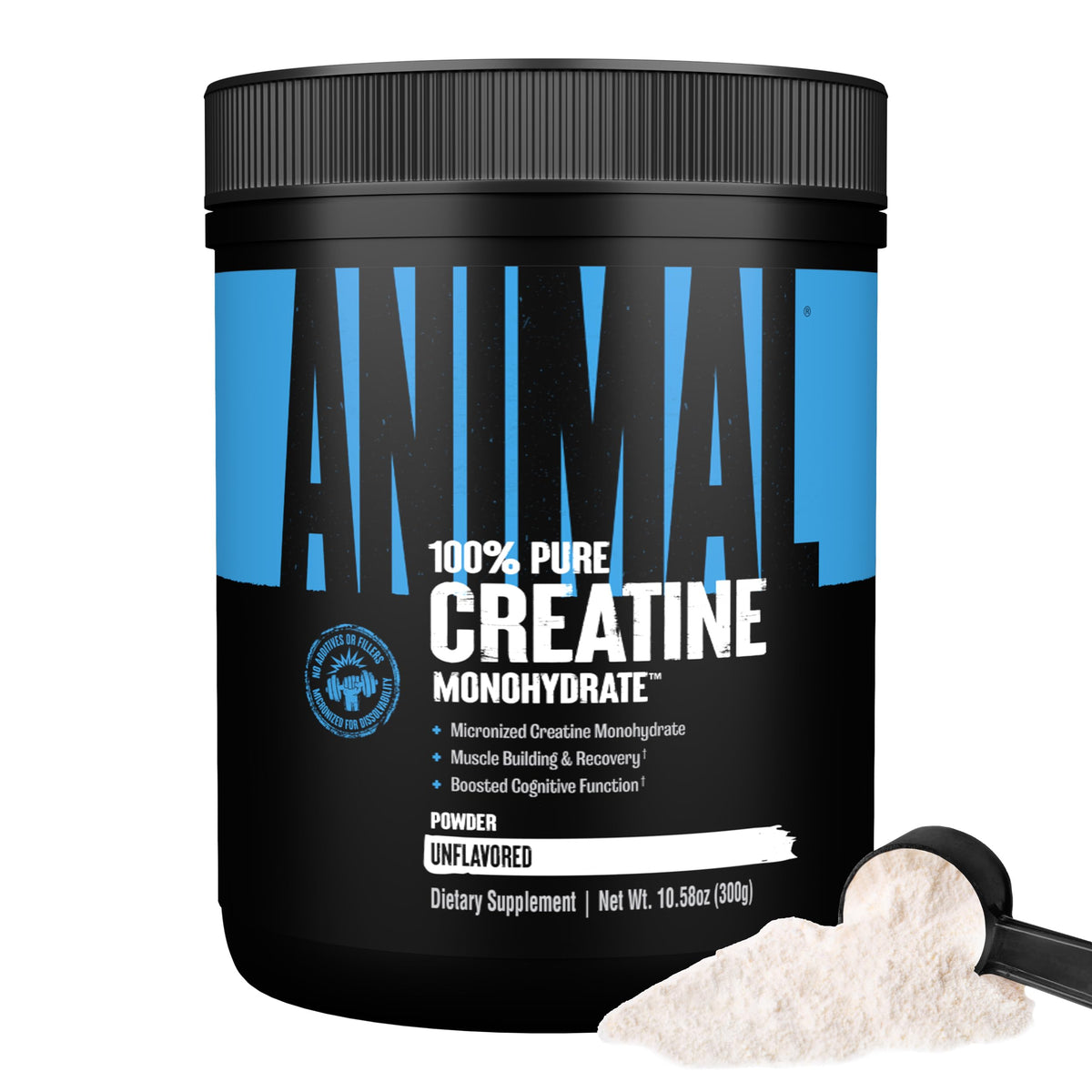 Animal Creatine Monohydrate powder bottle front showing clean label for strength and endurance.