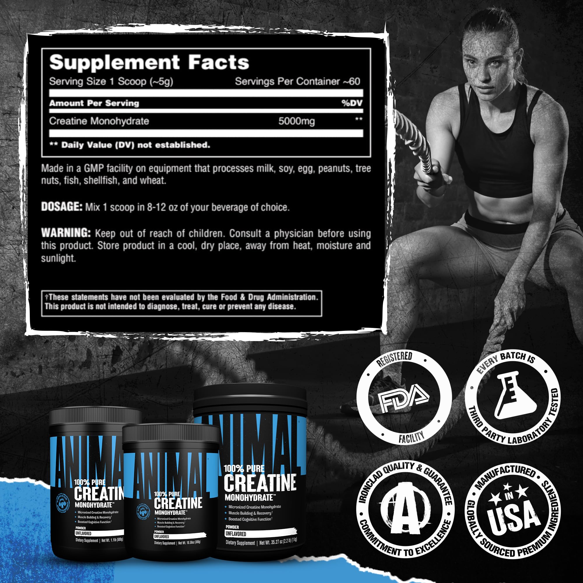 Animal Creatine Monohydrate powder jar-top emphasizing clean, GMP-certified quality.