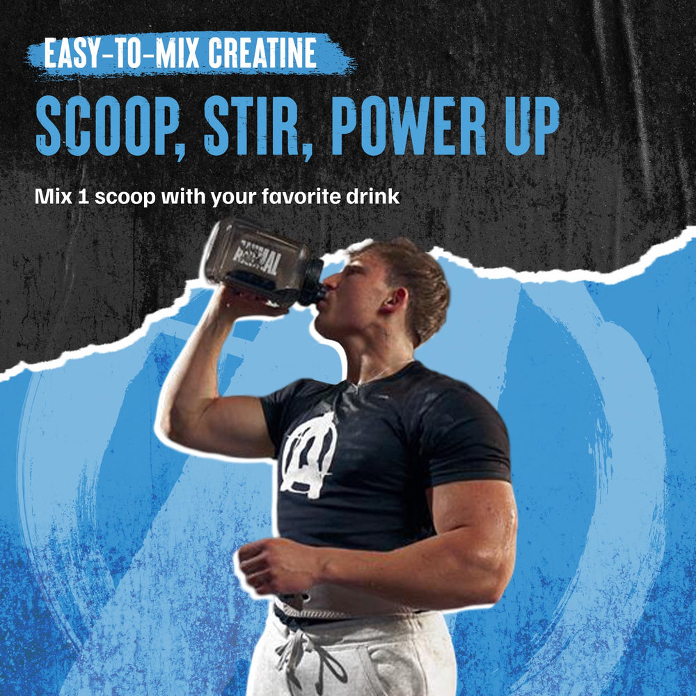 Animal Creatine Monohydrate powder pouring into glass for seamless mixability.