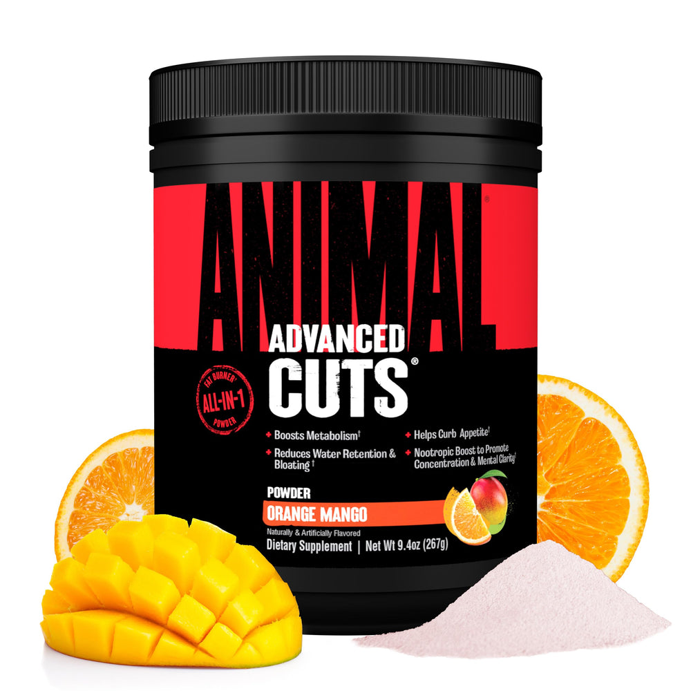Animal Cuts bottle front showing orange mango flavor and fat-burning formula.