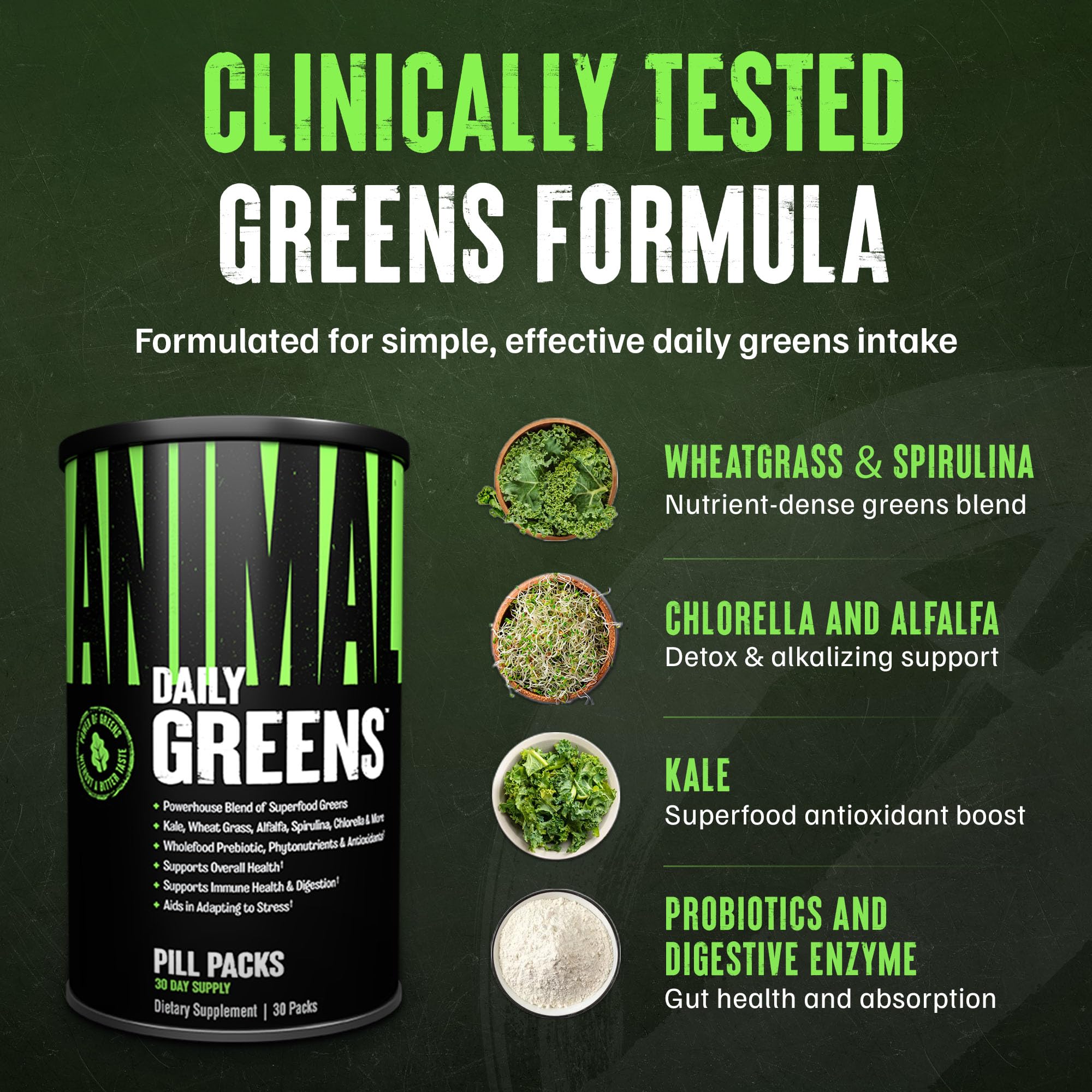 Animal Daily Greens bottle close-up highlighting ingredients.