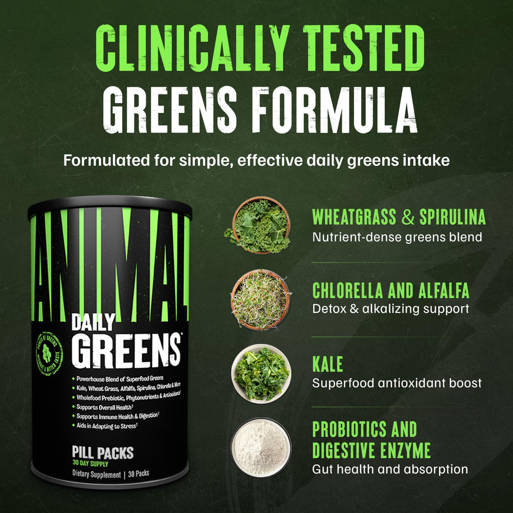 Animal Daily Greens bottle close-up highlighting ingredients.