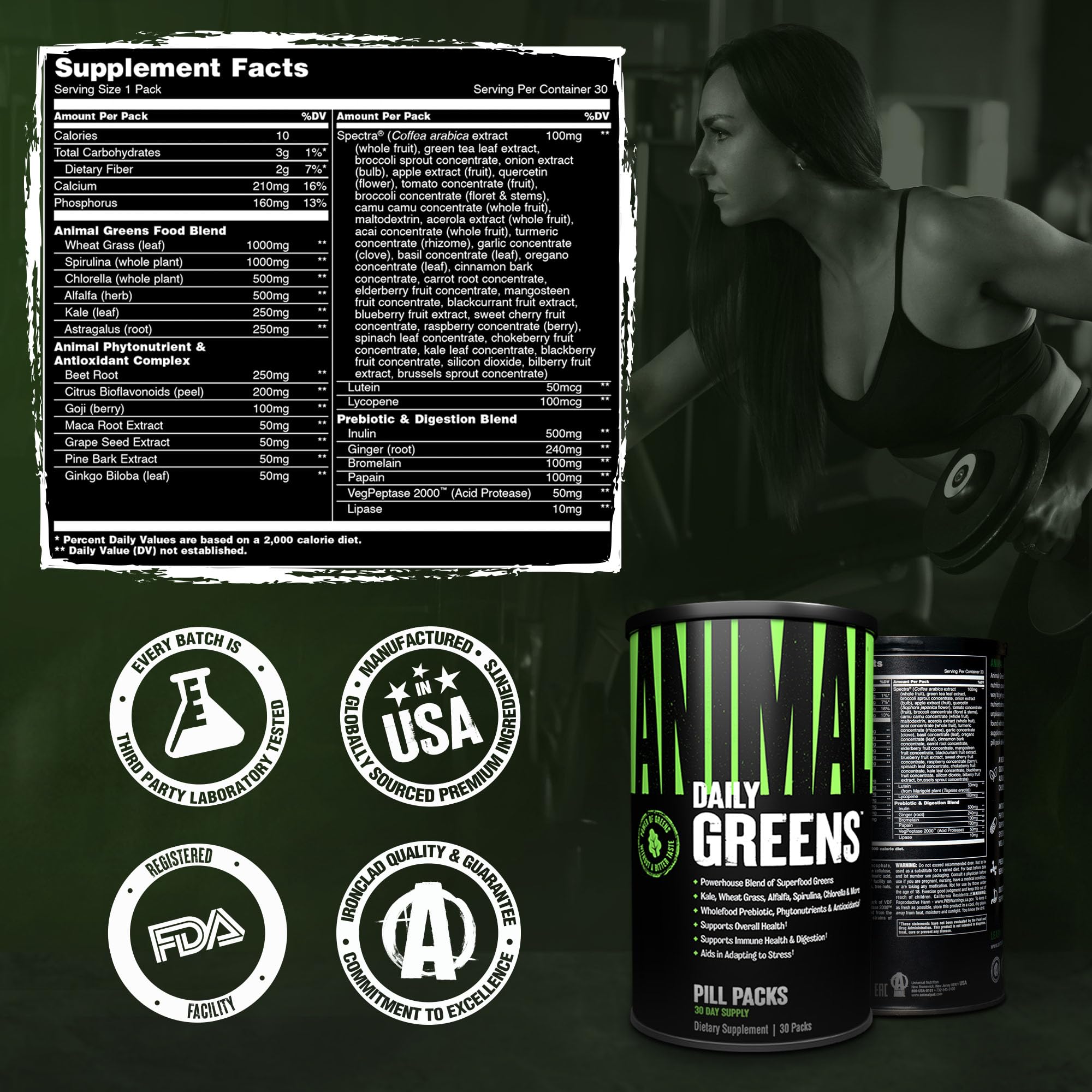 Animal Daily Greens ingredients panel showing kale and spirulina.