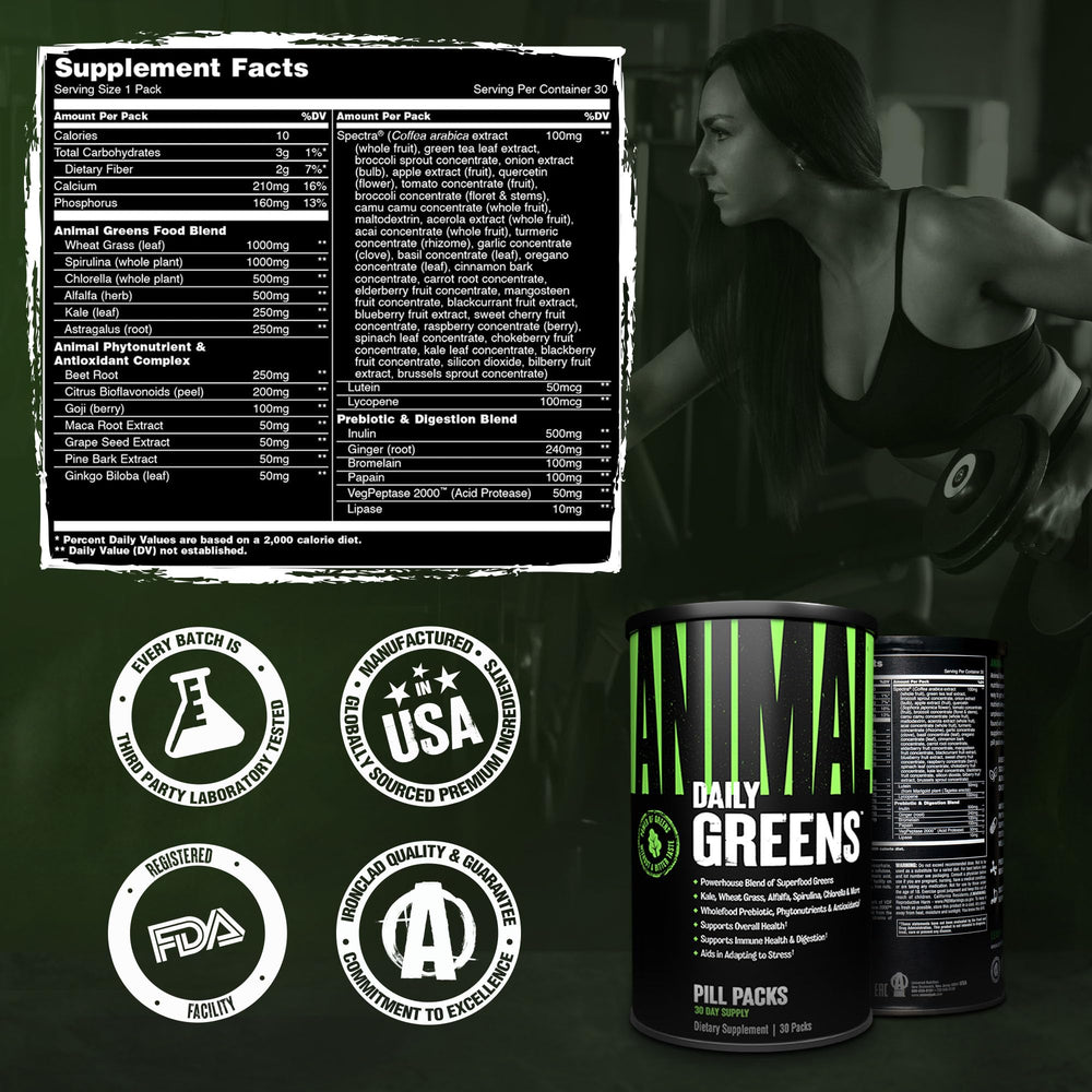 Animal Daily Greens ingredients panel showing kale and spirulina.
