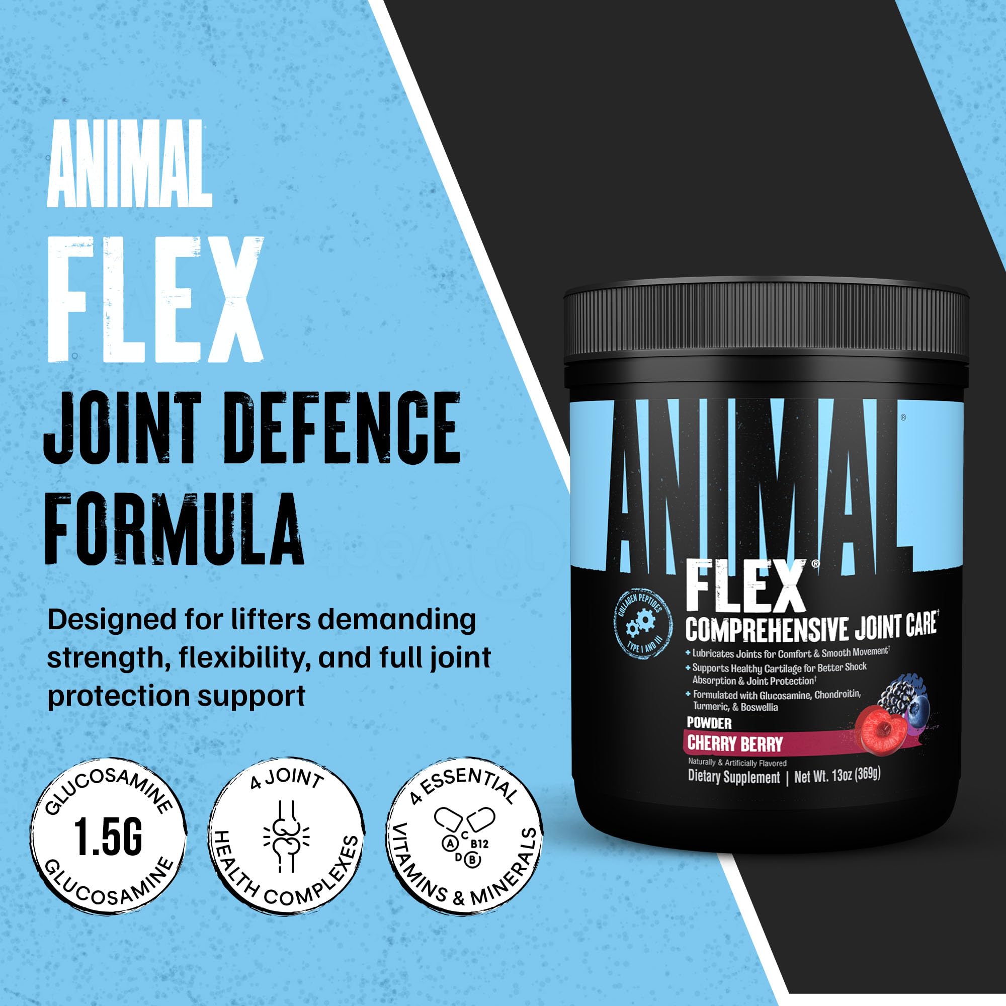 Animal Flex bottle with scoop shows easy one-scoop daily dosing.