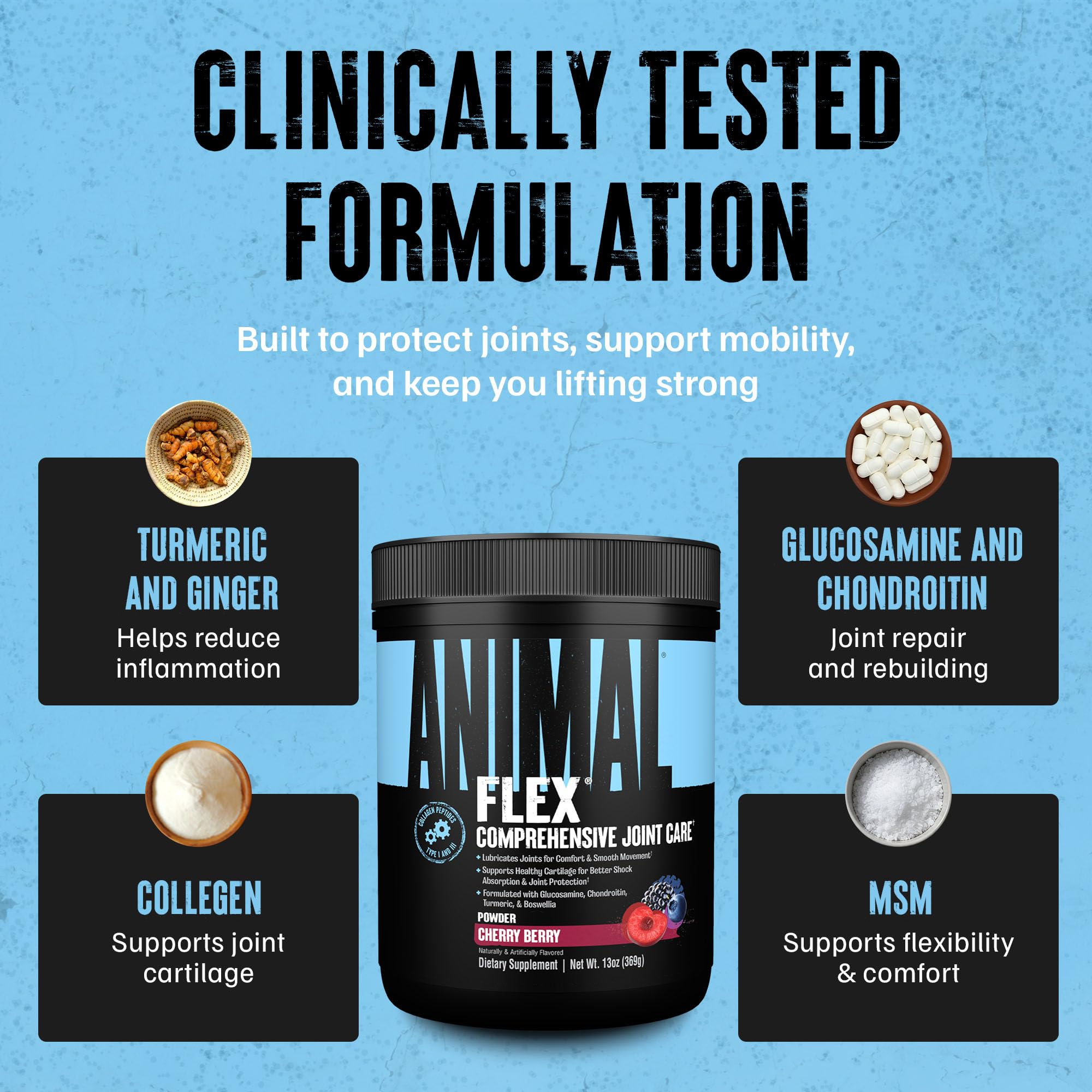 Animal Flex cherry flavor visuals suggest tasty daily dosing for athletes.