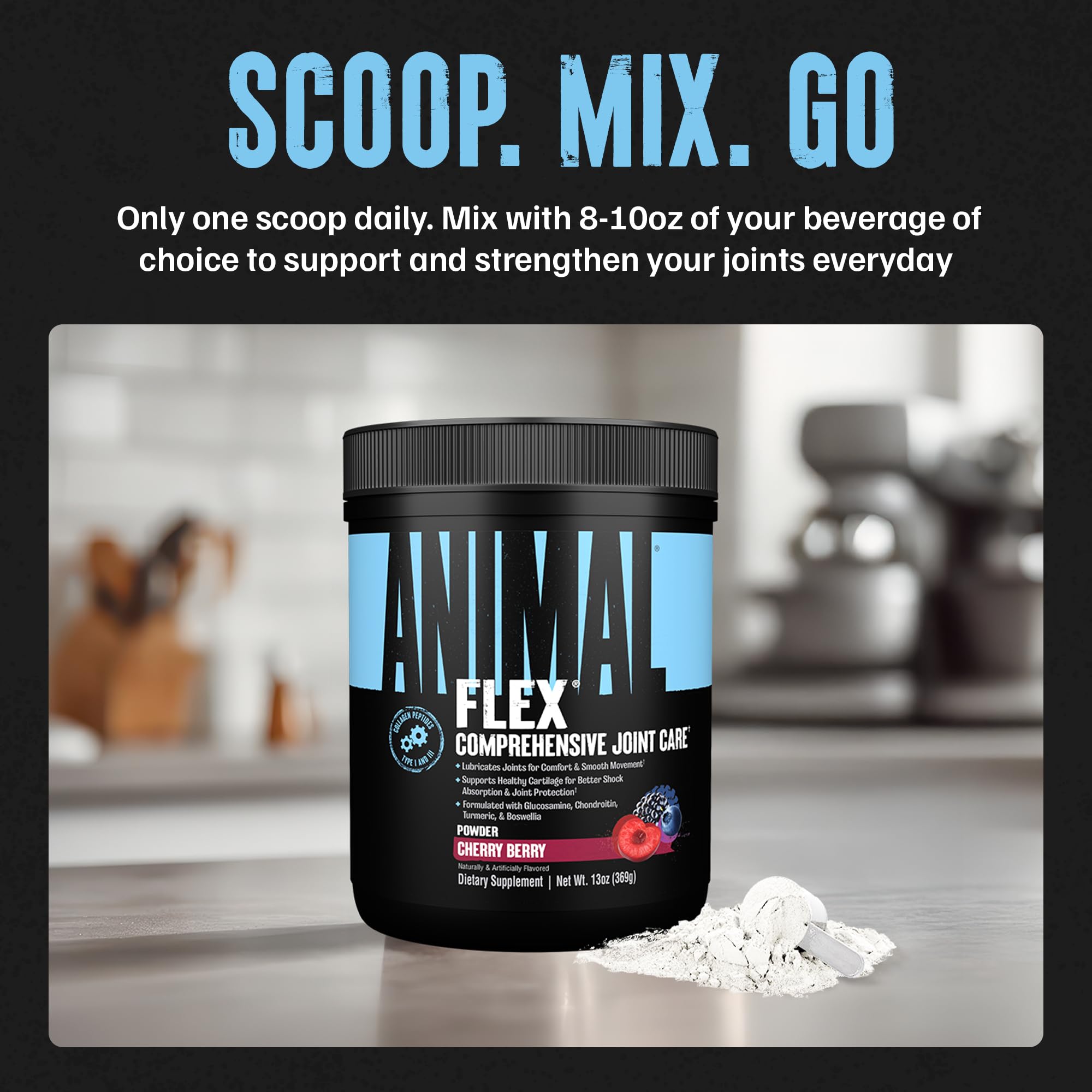 Animal Flex imagery emphasizes flaxseed oil and hyaluronic acid for joint lubrication.