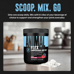 Animal Flex imagery emphasizes flaxseed oil and hyaluronic acid for joint lubrication.