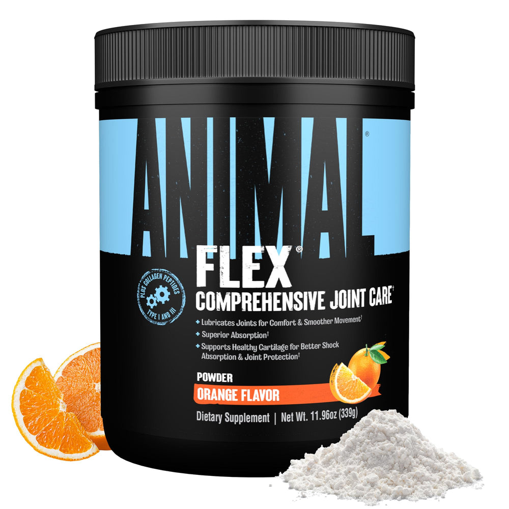 Animal Flex orange-flavor bottle ready for joint support during workouts