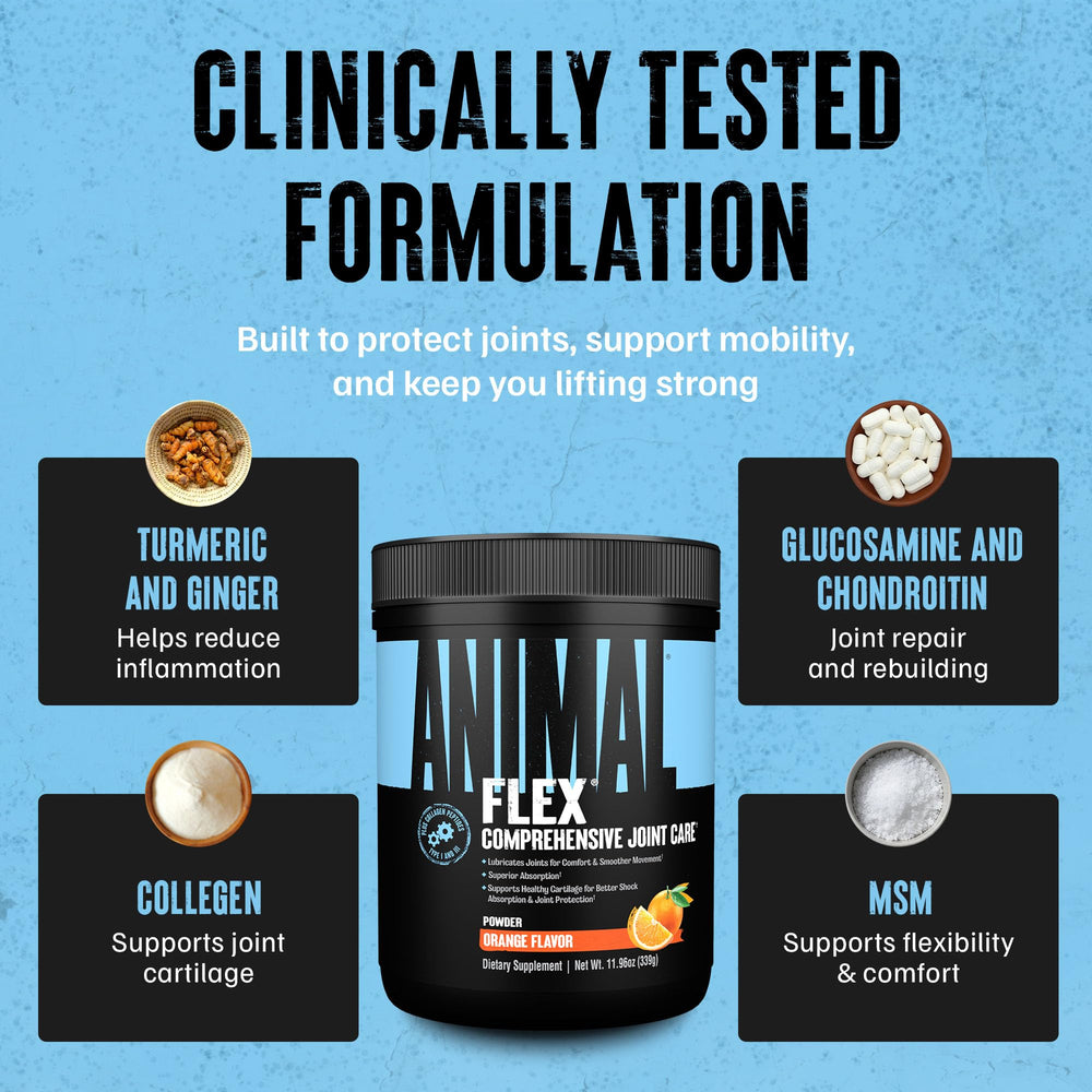 Glass with Animal Flex powder mix suggesting smooth movement post-workout