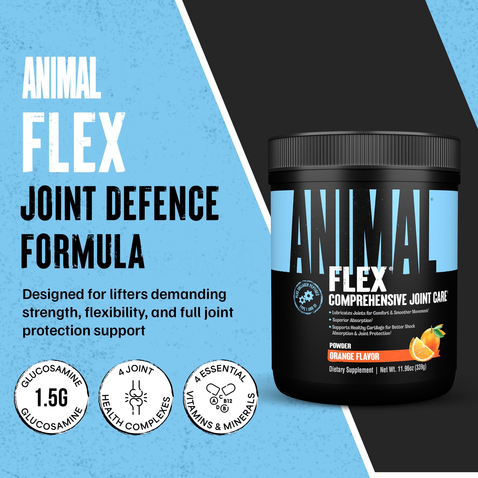 Animal Flex scoop beside tub for easy daily dosing