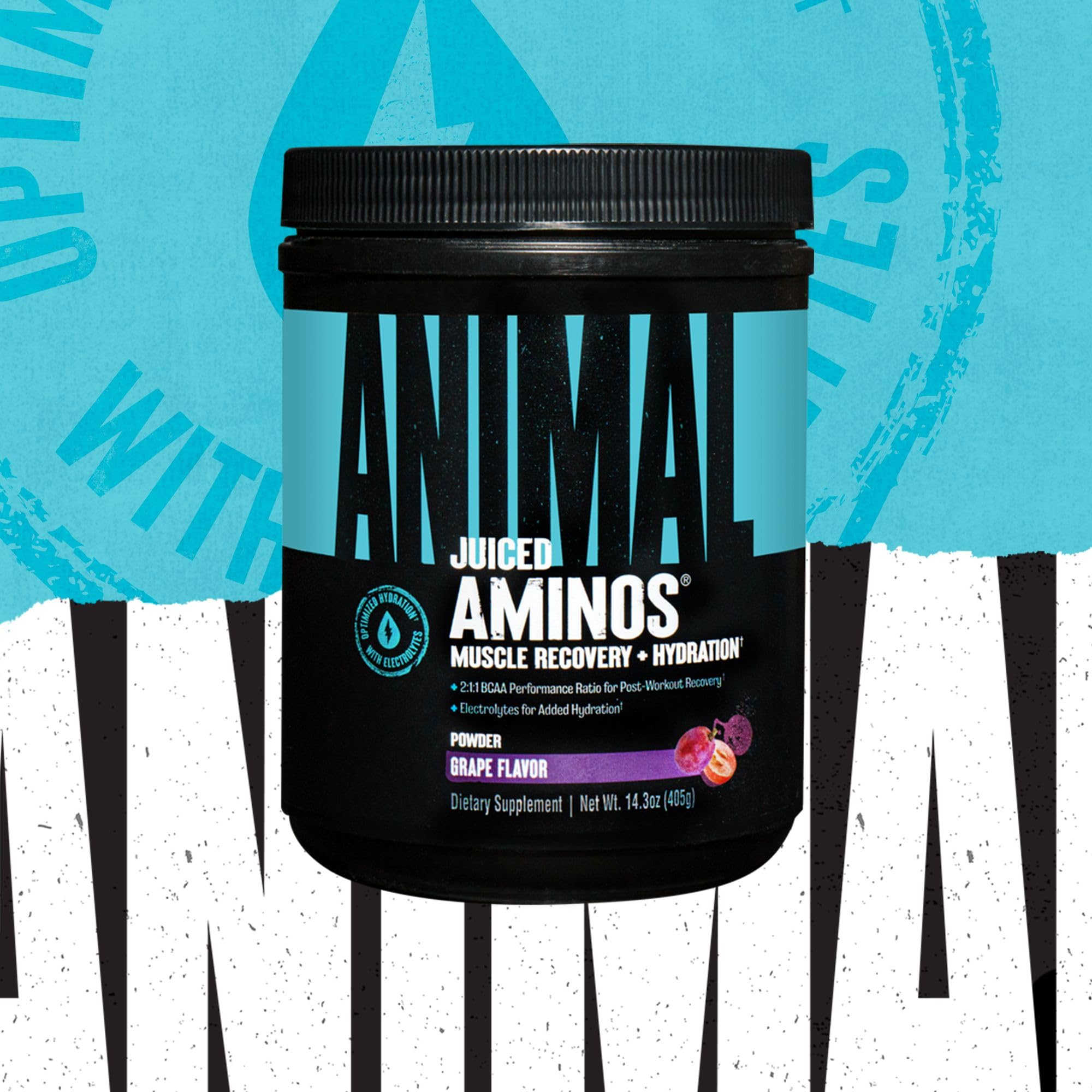 Animal Juiced Aminos tub label detailing the 6g BCAA and EAA matrix.