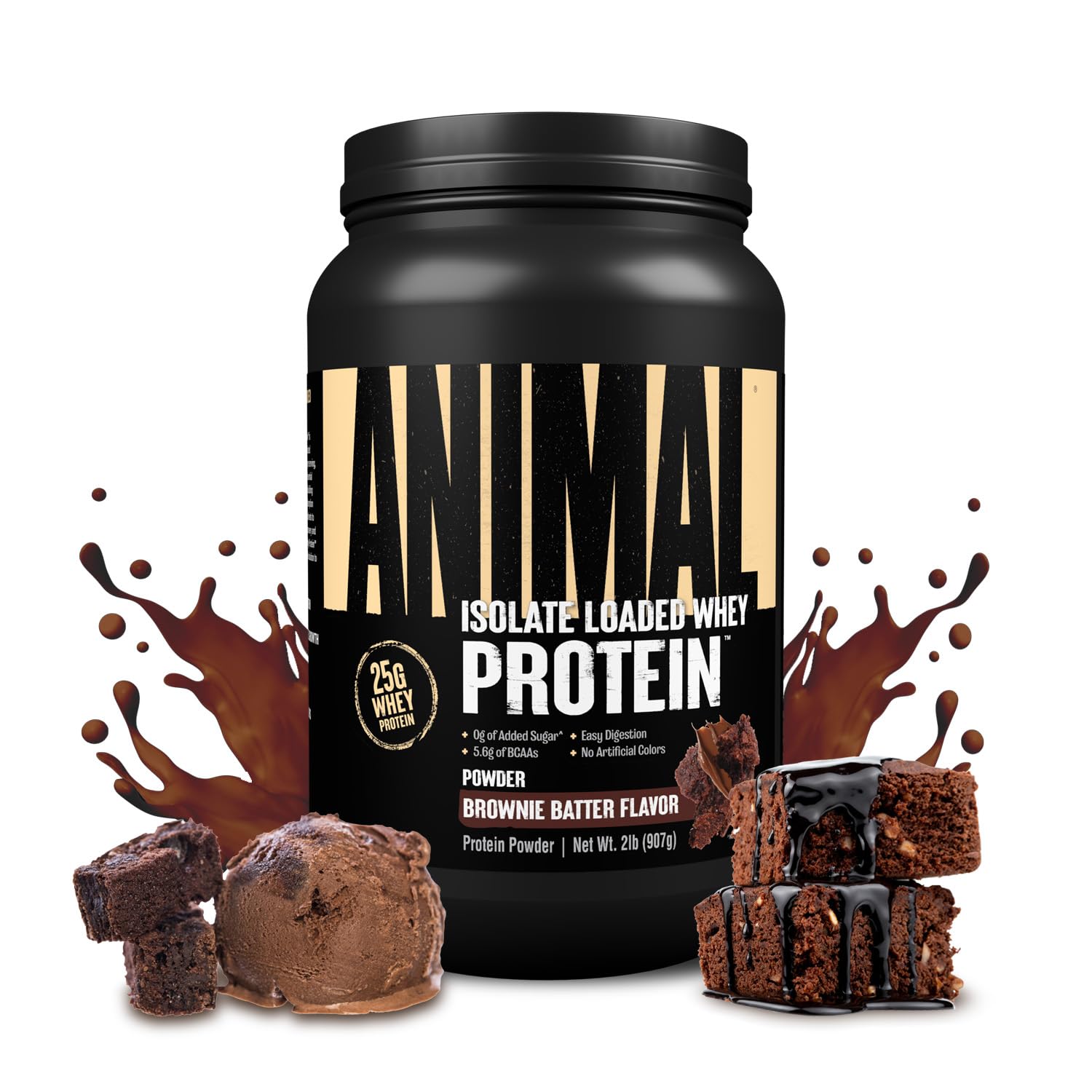 Animal Whey Isolate bottle with scoop highlights 25g protein per serving for workouts.