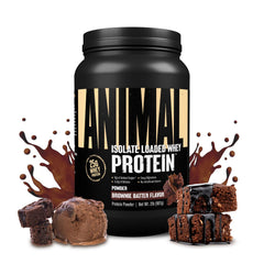 Animal Whey Isolate bottle with scoop highlights 25g protein per serving for workouts.